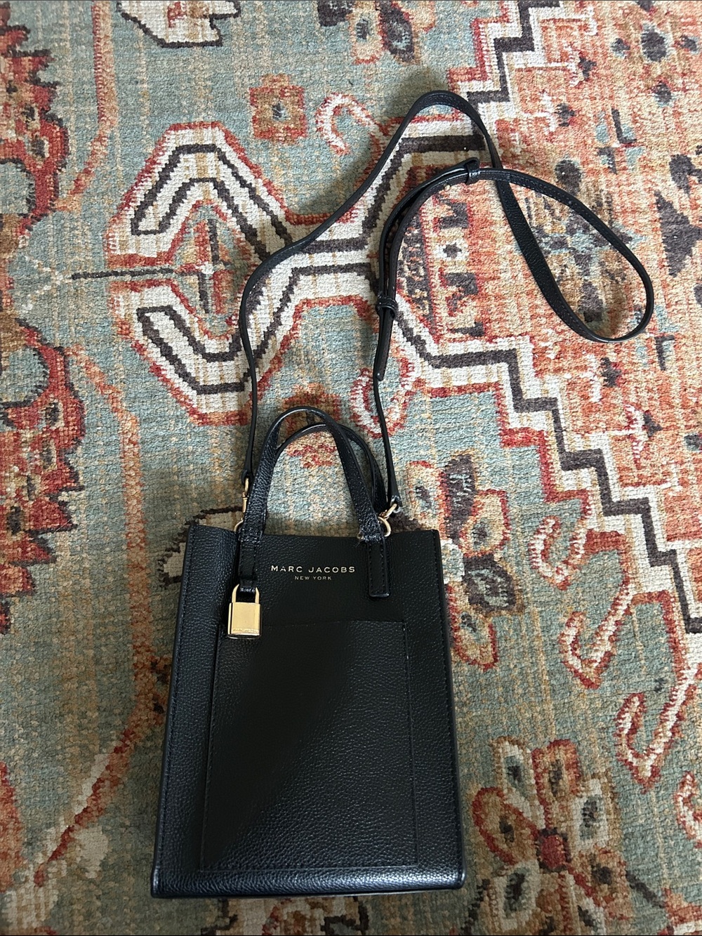 Marc Jacobs Black Leather Mini Crossbody Tote with Gold Hardware